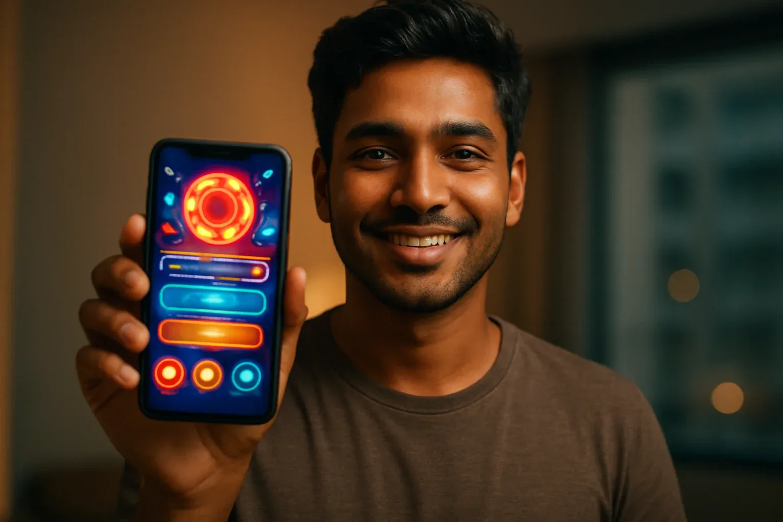 Young Bangladeshi man holding smartphone showing colorful casino app interface