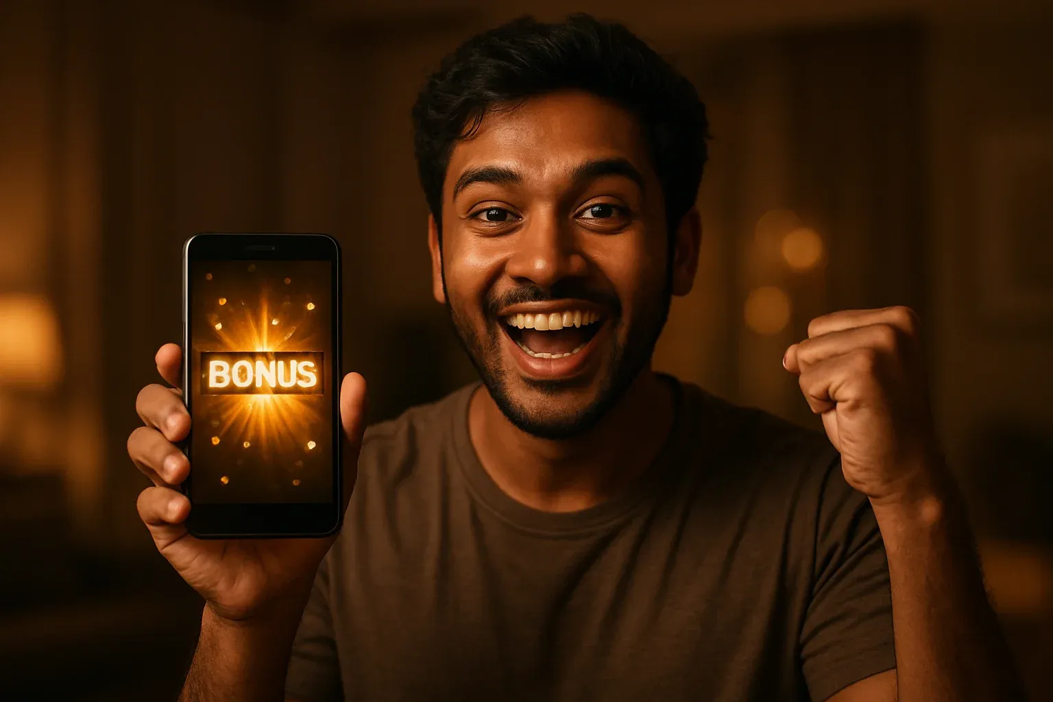 Joyful Bangladeshi man holding smartphone with glowing bonus notification celebration