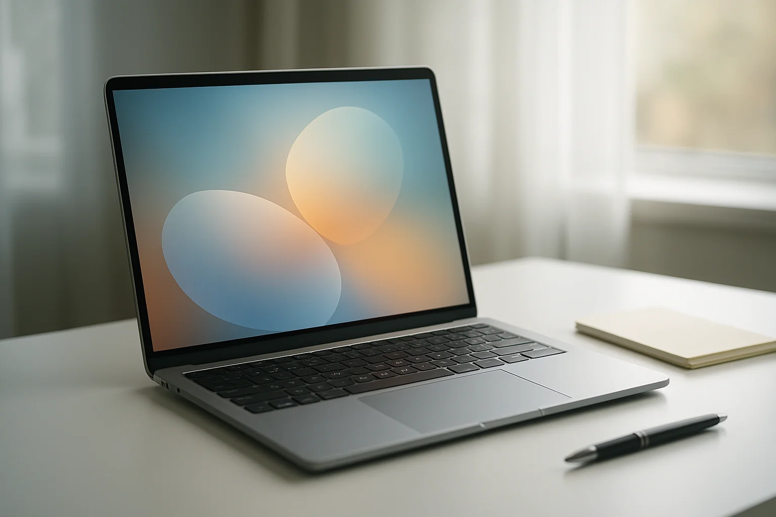 Modern laptop on white desk with notepad in natural daylight