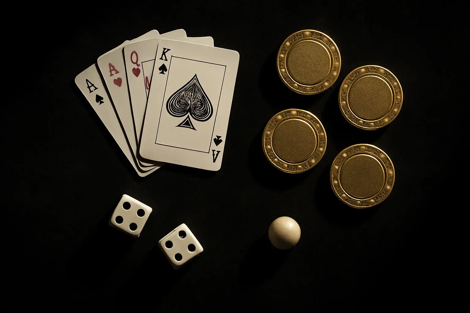 Top-down casino scene with chips, cards, dice, and roulette ball
