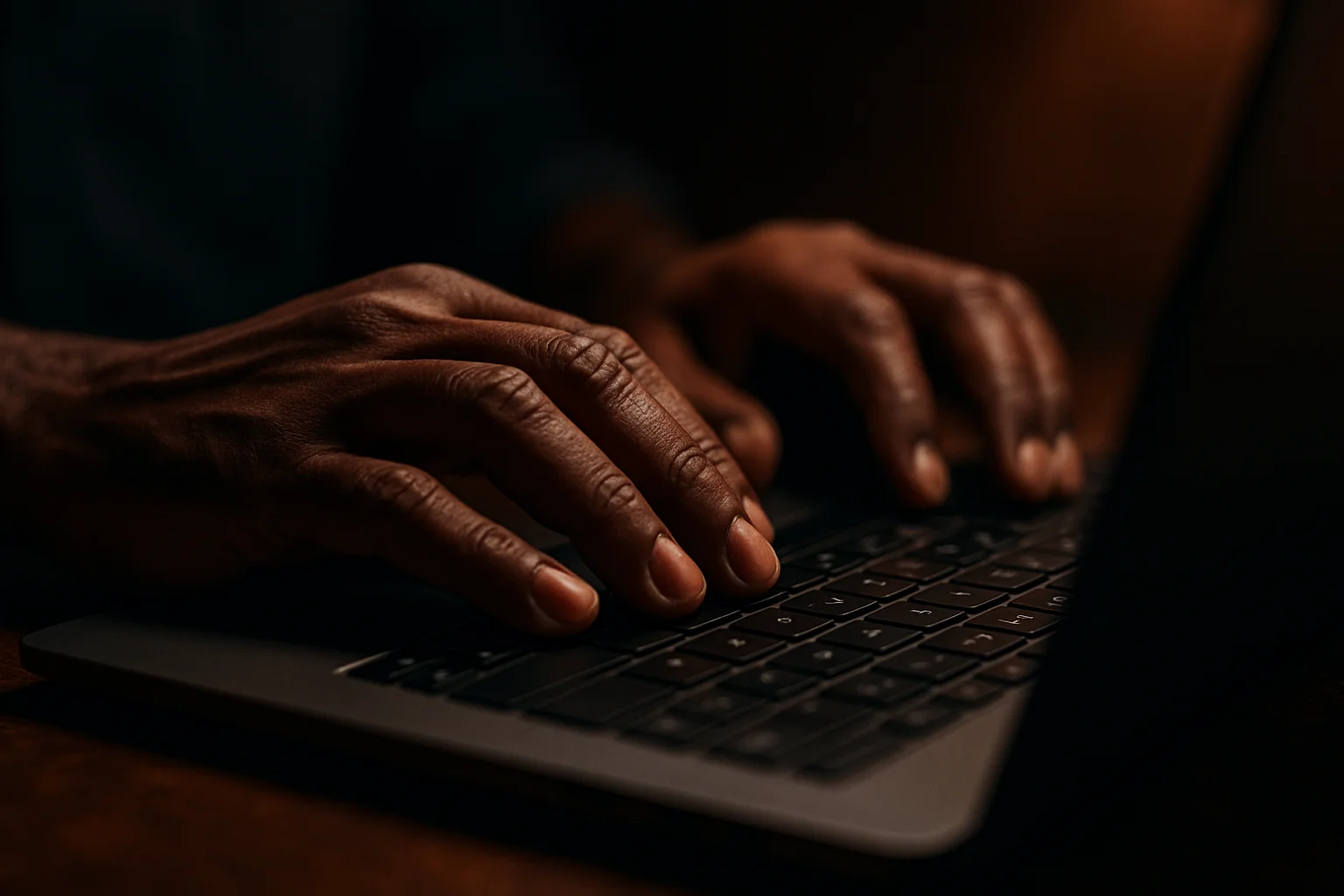 Bangladeshi man's hands typing on modern laptop in dramatic lighting