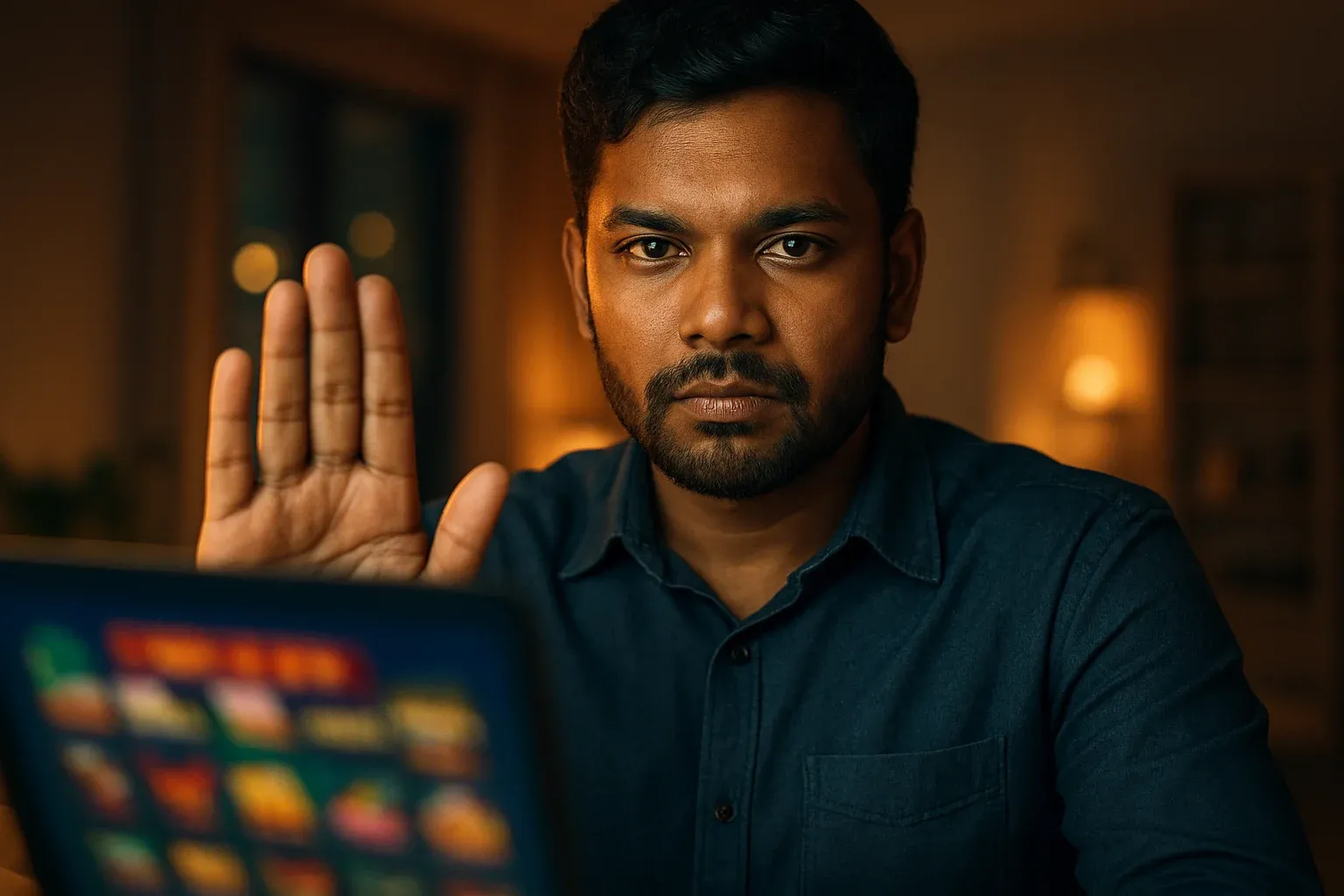 Bangladeshi man making stop gesture near laptop for responsible gambling awareness