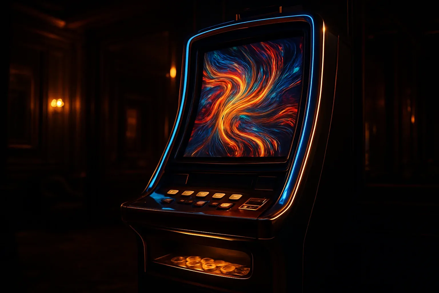 Hyperrealistic premium slot machine in dark luxury setting with neon lighting